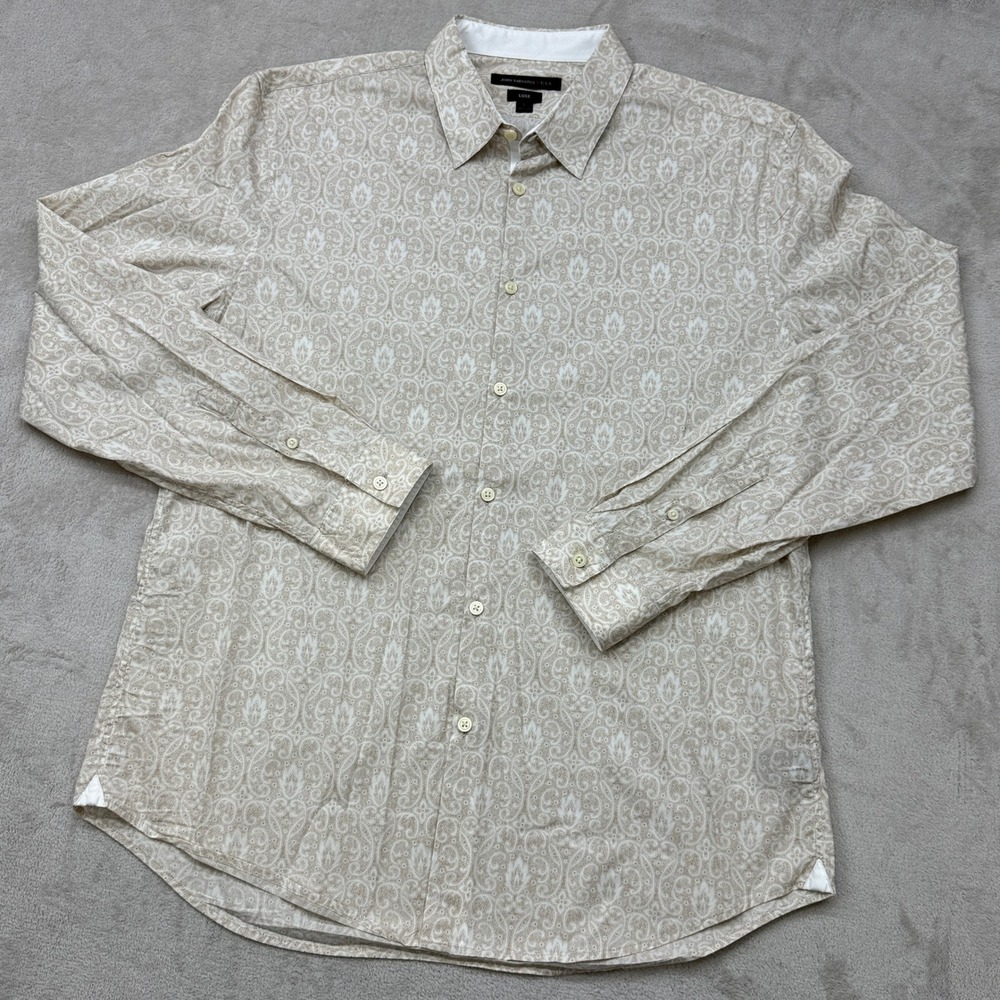John Varvatos Button Down Shirt Mens Large Tan Paisley Luxe Long Sleeve Preppy - Picture 1 of 7